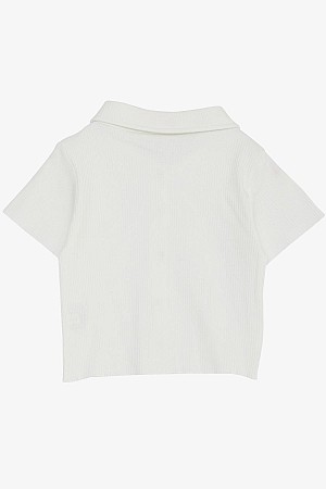 Girls T-Shirt Crop Snap Ribbed Ecru (9-14 Years)