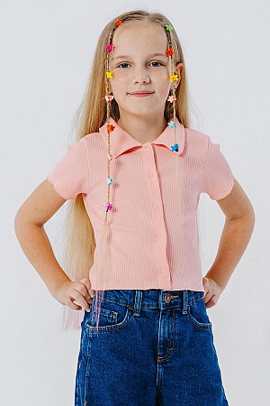 Girls T-Shirt Crop Snap Ribbed Salmon (9-14 Years)