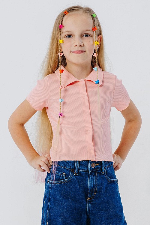 Kız Çocuk Tişört Crop Çıtçıtlı Fitilli Somon (9-14 Yaş)