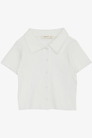 Girls T-Shirt Crop Snap Ribbed Ecru (9-14 Years)