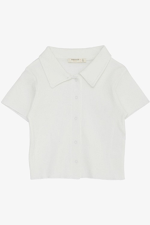 Kız Çocuk Tişört Crop Çıtçıtlı Fitilli Ekru (9-14 Yaş)