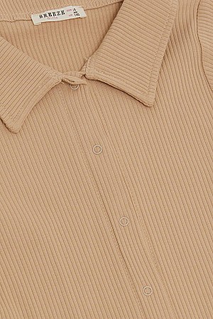 Girls T-Shirt Crop Snap Button Ribbed Dark Beige (9-14 Years)