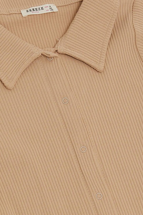 Kız Çocuk Tişört Crop Çıtçıtlı Fitilli Koyu Bej (9-14 Yaş)