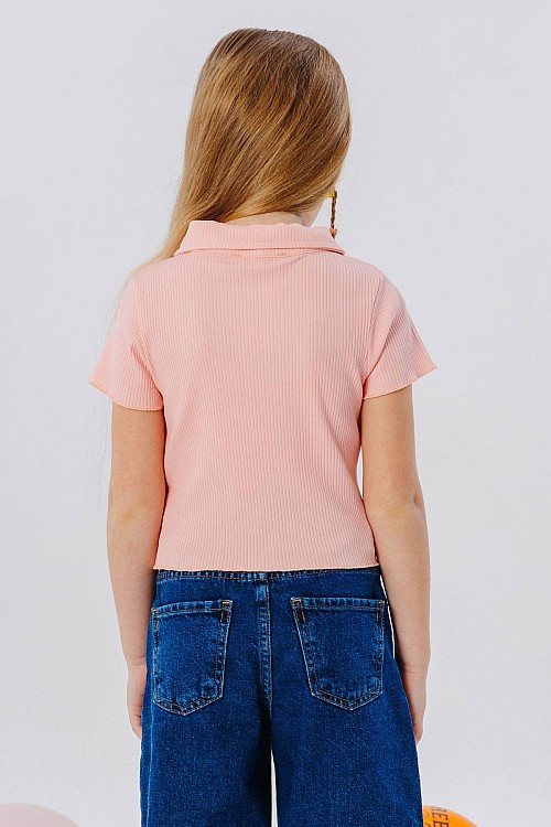 Kız Çocuk Tişört Crop Çıtçıtlı Fitilli Somon (9-14 Yaş)
