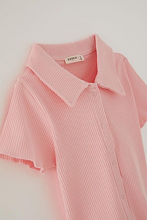 Girls T-Shirt Crop Snap Button Ribbed Pink (9-14 Years)