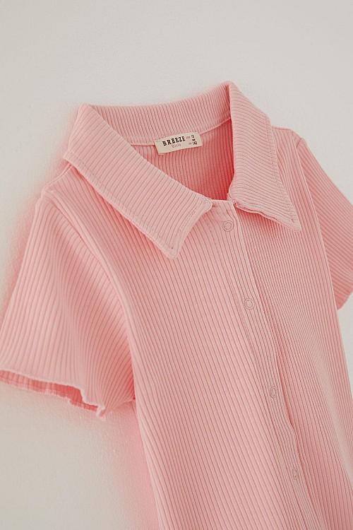 Kız Çocuk Tişört Crop Çıtçıtlı Fitilli Pembe (9-14 Yaş)