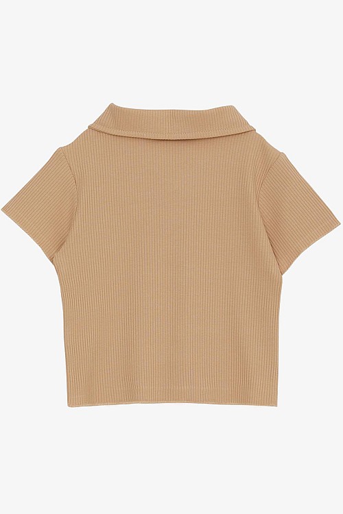 Kız Çocuk Tişört Crop Çıtçıtlı Fitilli Koyu Bej (9-14 Yaş)