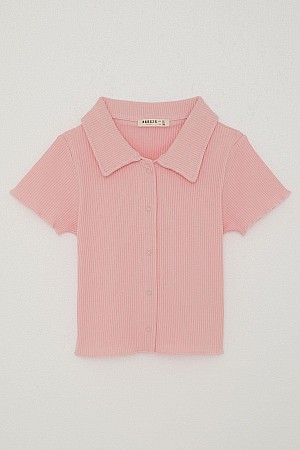 Girls T-Shirt Crop Snap Button Ribbed Pink (9-14 Years)