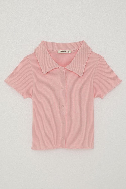 Kız Çocuk Tişört Crop Çıtçıtlı Fitilli Pembe (9-14 Yaş)