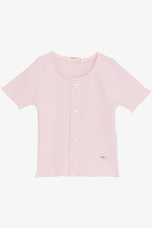 Kız Çocuk Tişört Crop Düğme Aksesuarlı Pembe (8-14 Yaş)