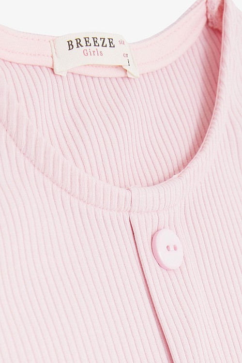Kız Çocuk Tişört Crop Düğme Aksesuarlı Pembe (8-14 Yaş)
