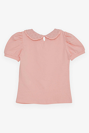 Girl&#39;s T-Shirt Wide Collar Salmon with Embroidered Crest (Age 5-10)