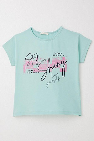 Girls T-Shirt Sparkle Themed Text Printed Aqua Green (10-16 Years)