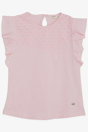 Girl&#39;s T-Shirt with Frilly Sleeves and Embroidery Lacing Pink (6-12 Years)