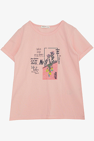 Kız Çocuk Tişört Moda Temalı Yazı & Renkli Çiçek Baskılı Somon (10-16 Yaş)