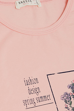 Kız Çocuk Tişört Moda Temalı Yazı & Renkli Çiçek Baskılı Somon (10-16 Yaş)