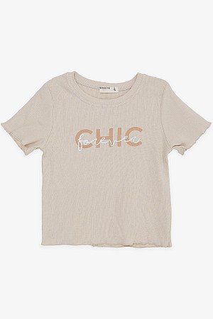 Girl&#39;s T-Shirt Text Printed Beige (Ages 8-14)