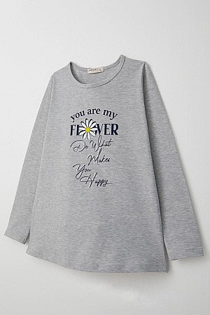 Girls T-Shirt Text &amp; Flower Printed Stoned Gray Melange (9-14 Years)