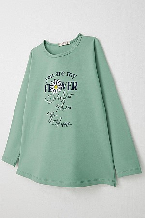 Girls T-Shirt Text &amp; Flower Printed Stoned Mint Green (9-14 Years)