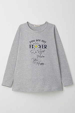 Girls T-Shirt Text &amp; Flower Printed Stoned Gray Melange (9-14 Years)