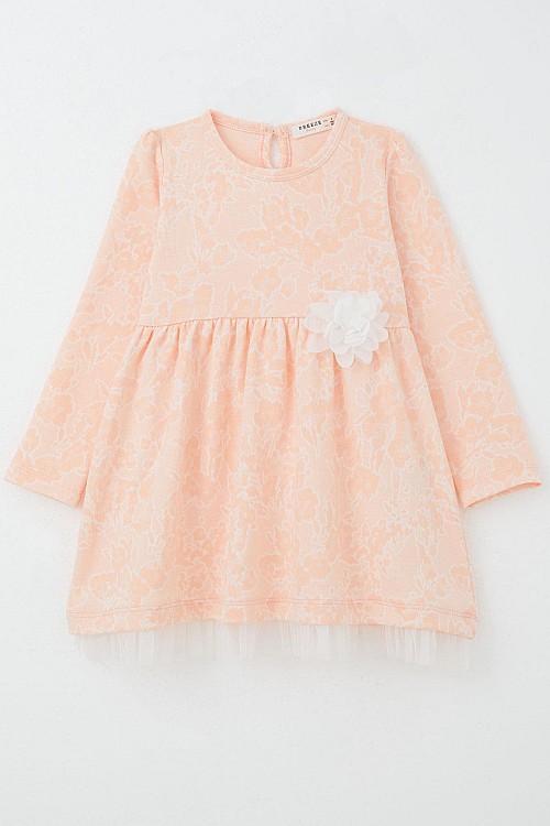 Kız Çocuk Uzun Kollu Elbise Çiçek Desenli Somon (3-7 Yaş)