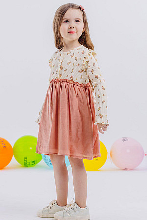 Kız Çocuk Uzun Kollu Elbise Çiçek Desenli Düğmeli Omuzu Fırfırlı Krem (2-6 Yaş)