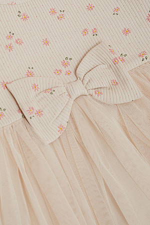 Kız Çocuk Uzun Kollu Elbise Çiçek Desenli Fırfırlı Fiyonklu Bej (3-7 Yaş)