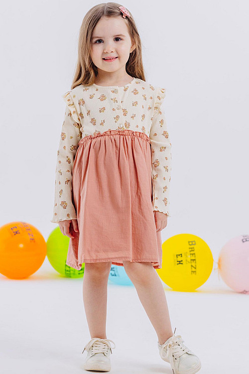 Kız Çocuk Uzun Kollu Elbise Çiçek Desenli Düğmeli Omuzu Fırfırlı Krem (2-6 Yaş)