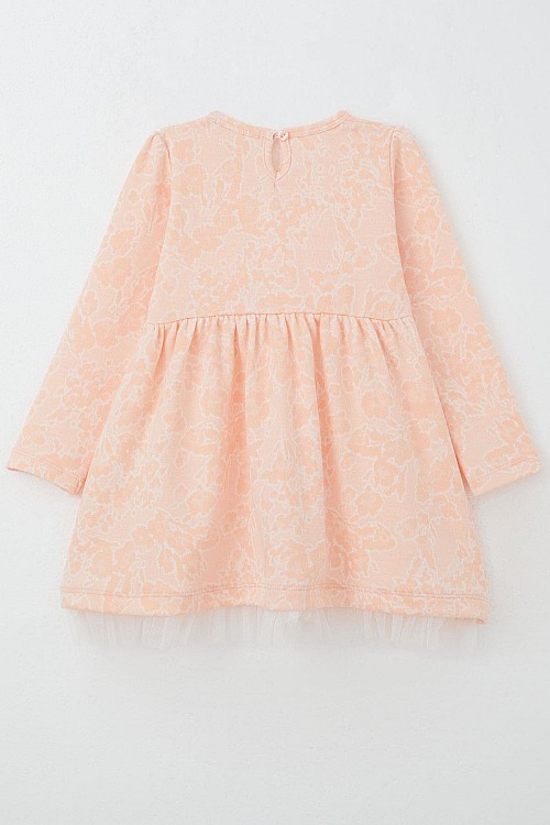 Kız Çocuk Uzun Kollu Elbise Çiçek Desenli Somon (3-7 Yaş)