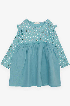 Kız Çocuk Uzun Kollu Elbise Çiçek Desenli Düğmeli Omuzu Fırfırlı Su Yeşili (2-6 Yaş)