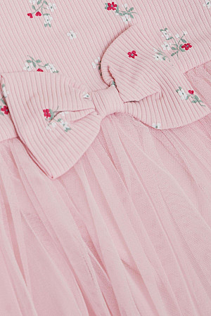 Kız Çocuk Uzun Kollu Elbise Çiçek Desenli Fırfırlı Fiyonklu Pembe (3-7 Yaş)
