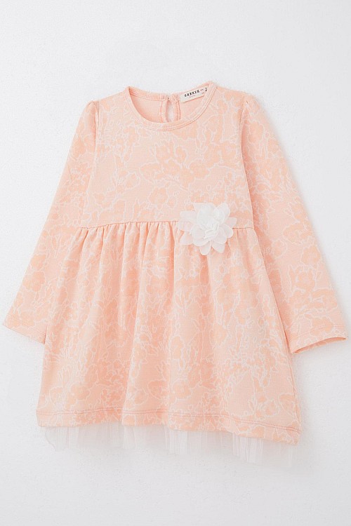 Kız Çocuk Uzun Kollu Elbise Çiçek Desenli Somon (3-7 Yaş)