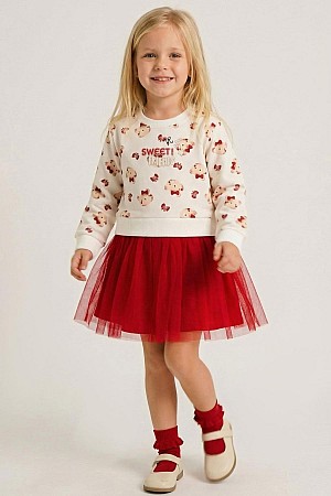 Girls' Long-Sleeved Dress with Bow, Cute Teddy Bear Pattern, Ecru (Ages 2-6)