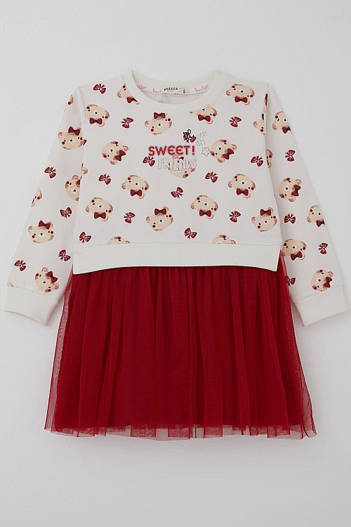 Kız Çocuk Uzun Kollu Elbise Fiyonklu Sevimli Ayıcık Desenli Ekru (2-6 Yaş)