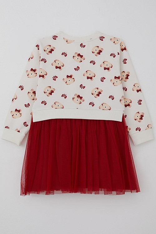 Kız Çocuk Uzun Kollu Elbise Fiyonklu Sevimli Ayıcık Desenli Ekru (2-6 Yaş)