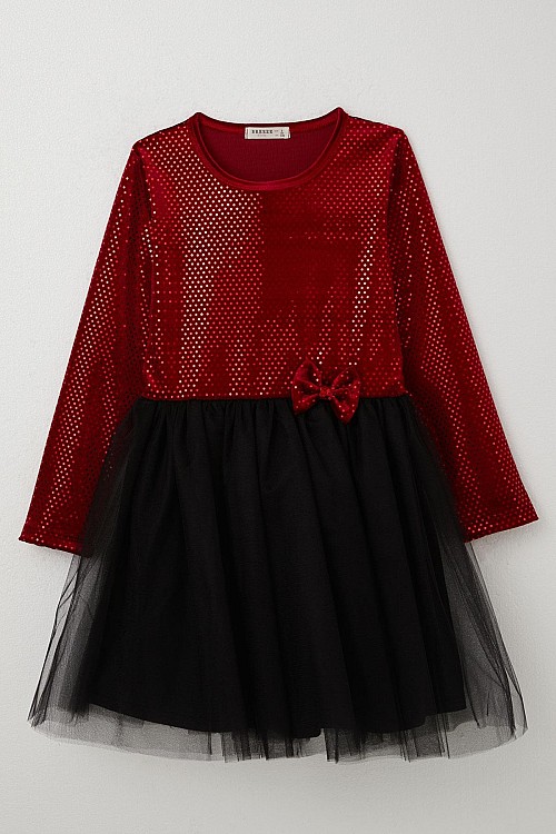 Kız Çocuk Uzun Kollu Elbise Kadife Pullu Kırmızı (5-10 Yaş)