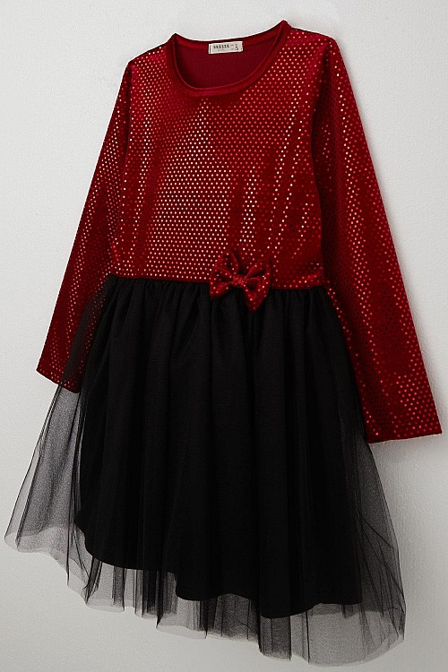 Kız Çocuk Uzun Kollu Elbise Kadife Pullu Kırmızı (5-10 Yaş)