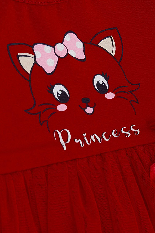 Kız Çocuk Uzun Kollu Elbise Mutlu Prenses Kedicik Baskılı Fiyonklu Kırmızı (1.5-5 Yaş)