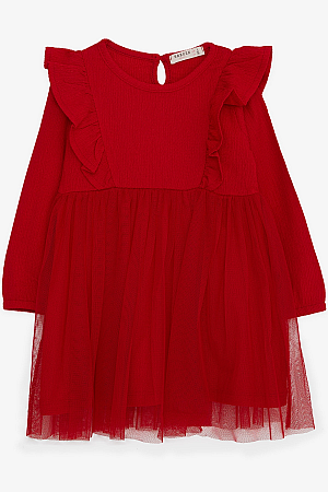 Kız Çocuk Uzun Kollu Elbise Omuzu Fırfırlı Kırmızı (3-8 Yaş)