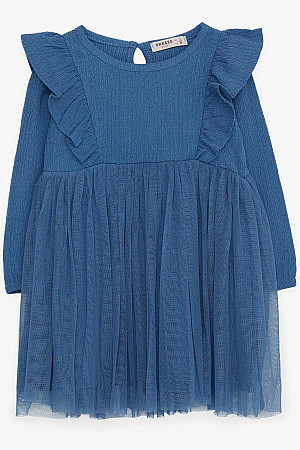 Kız Çocuk Uzun Kollu Elbise Omuzu Fırfırlı İndigo (3-8 Yaş)