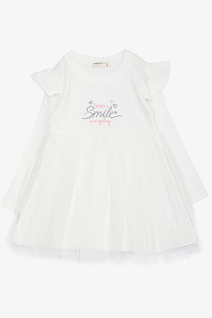 Kız Çocuk Uzun Kollu Elbise Yazı Nakışlı Pullu Tüllü Omuzu Fırfırlı Beyaz (1.5-5 Yaş)