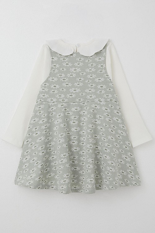 Kız Çocuk Uzun Kollu Jile Elbise Bodyli Çiçek Desenli Su Yeşili (3-8 Yaş)
