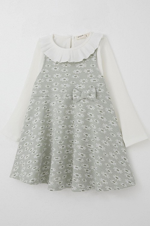 Kız Çocuk Uzun Kollu Jile Elbise Bodyli Çiçek Desenli Su Yeşili (3-8 Yaş)