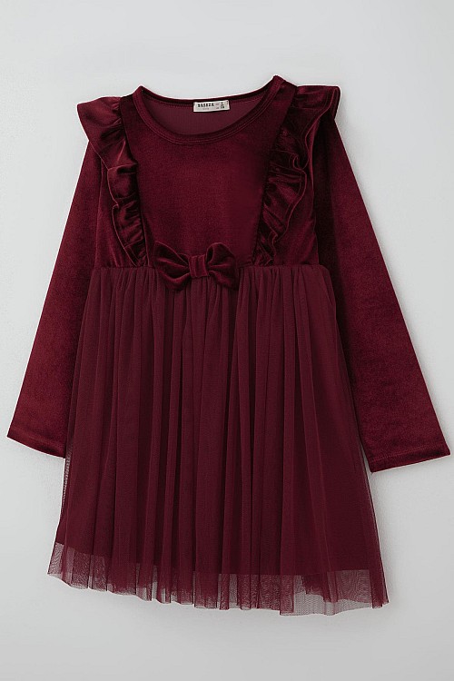 Kız Çocuk Uzun Kollu Kadife Elbise Fiyonk Aksesuarlı Tüllü Fırfırlı Bordo (4-8 Yaş)