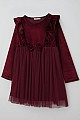 Kız Çocuk Uzun Kollu Kadife Elbise Fiyonk Aksesuarlı Tüllü Fırfırlı Bordo (4-8 Yaş)