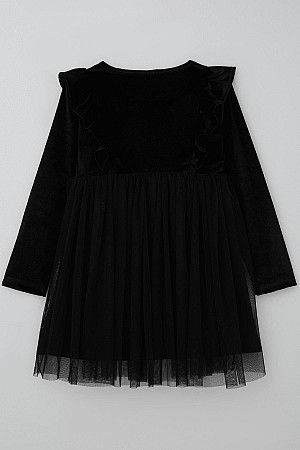 Kız Çocuk Uzun Kollu Kadife Elbise Fiyonk Aksesuarlı Tüllü Fırfırlı Siyah (4-8 Yaş)