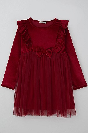 Kız Çocuk Uzun Kollu Kadife Elbise Fiyonk Aksesuarlı Tüllü Fırfırlı Kırmızı (4-8 Yaş)