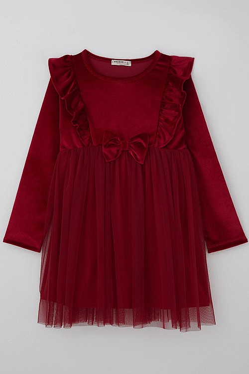 Kız Çocuk Uzun Kollu Kadife Elbise Fiyonk Aksesuarlı Tüllü Fırfırlı Kırmızı (4-8 Yaş)