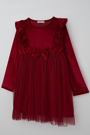 Kız Çocuk Uzun Kollu Kadife Elbise Fiyonk Aksesuarlı Tüllü Fırfırlı Kırmızı (4-8 Yaş)