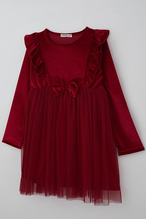 Kız Çocuk Uzun Kollu Kadife Elbise Fiyonk Aksesuarlı Tüllü Fırfırlı Kırmızı (4-8 Yaş)